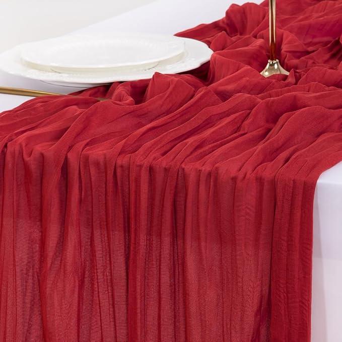 Socomi Red Fall Thanksgiving Cheesecloth Table Runner Boho Rustic Gauze 120 inch 10FT Cheese Cloth Runner for Wedding Party Baby Shower Birthday Home Decor Holiday Decorations