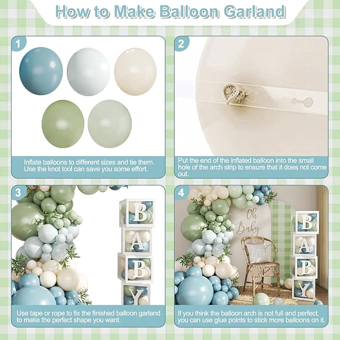 Dusty Blue Sage Green Balloon Baby Shower Decorations, 132Pcs Fog Blue Light Blue Green Sand White Balloon Arch Garland Kit Baby Box with Letters for Boho Baby Shower Gender Reveal Party Decorations