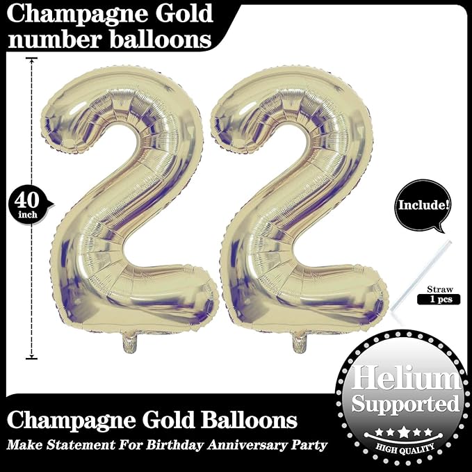 Champagne Gold 22 Number Balloons, 40 Inch Giant Number 22 Balloons Foil Mylar Helium Light Gold Number Balloons for 22th Birthday Party Supplies Anniversary Event Celebration Decorations