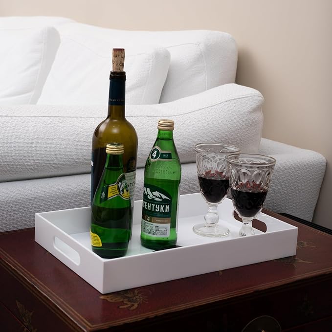 Glossy White Sturdy Acrylic Serving Tray with Handles 10x15x2H Inches -Spill Proof- Decorative Trays Countertop Organizer for Ottoman Coffee Table Nightstand, sidetable, Breakfast, Tea, Food