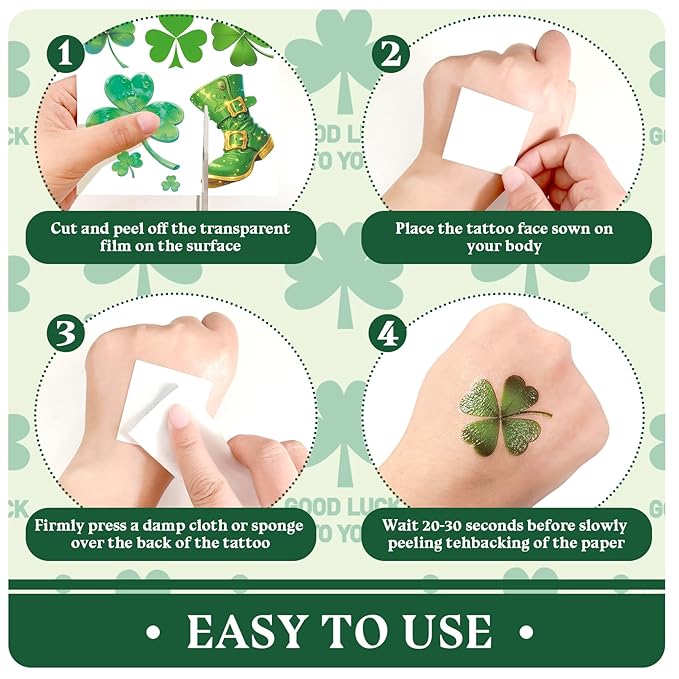 Aresvns St. Patrick's Day Temporary Tattoo 24 Sheets Green Shamrock, Lucky Clover Tattoos Art Make up Deco Irish Party Favors For Men And Womem
