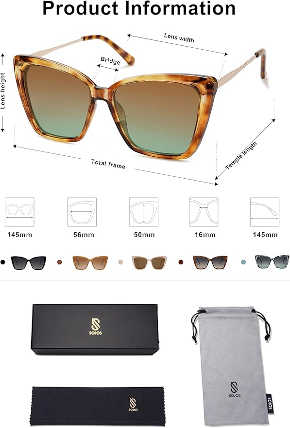 SOJOS Trendy Polarized Sunglasses For Women Retro Womens Oversized Square Cat Eye Sun Glasses UV Protection SJ2206