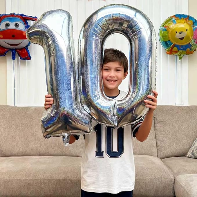 Laser Silver Number 10 Balloons 40 Inch Giant Number Silver 10 Foil Mylar Balloons for 10th Birthday Anniversary Events Party Decorations