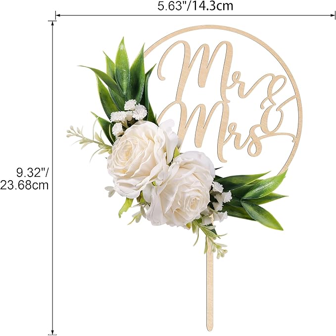 Mr & Mrs Wedding Cake Topper with 3D Artificial White Flowers and Green Leaves Wooden Cake Decoration for Wedding 3D White Roses