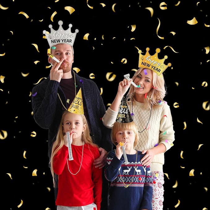 84Pcs New Year’s Eve Party Supplies for 24 Guest Black Gold Wearables Noisemakers 2026 Happy New Year Party Decoration include Cone Hats Tiaras Tassel Squawkers Beaded Necklace Great Party Favors