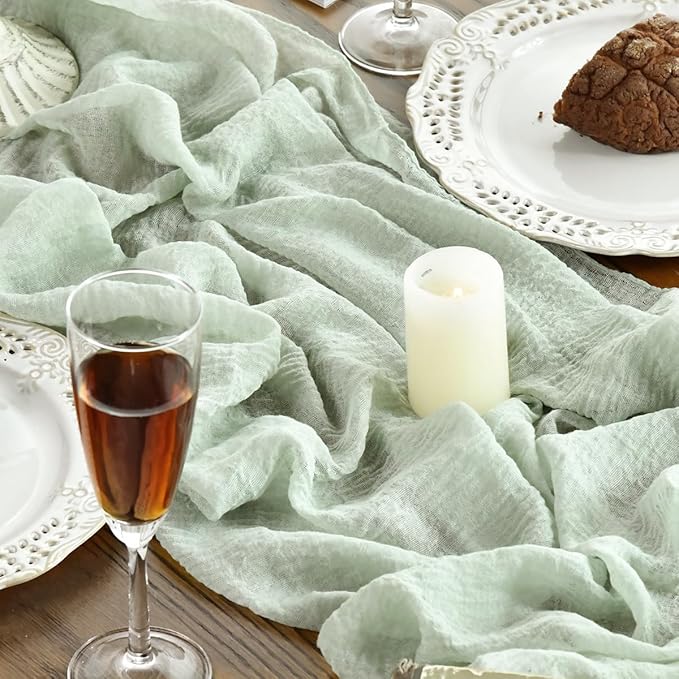 Artoid Mode Boho Cheesecloth Gauze Sage Green Wedding Table Runner, 120 Inch Seasonal Fabric Kitchen Dining Holiday Table Decor for Home Party Indoor