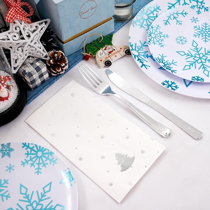 WDF 175Pcs Christmas Plates and Napkins Disposable Dinnerware Set for 25 Guests, White Blue Plates with Silverware, White Snowflake Cups and Festive Holiday Napkins Perfect for Christmas Winter