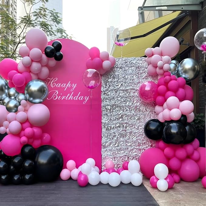 Hot Pink Black Silver Balloon Garland Arch Kit, 166Pcs Red Black Pink Silver Balloons for Birthday Graduation Baby Shower Wedding Anniversary Bachelorette Party Decorations
