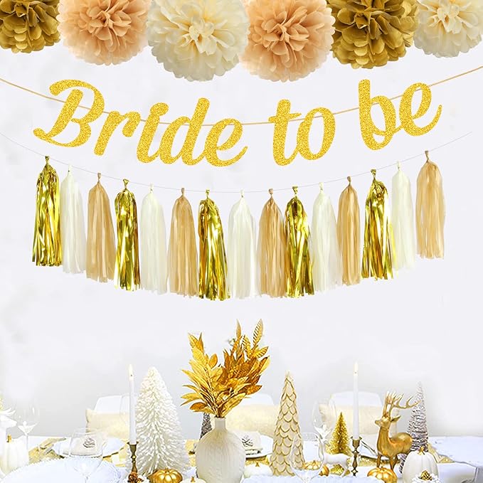 White-Gold Champagne Bridal-Shower Party Decorations - 27pcs Tissue Pom Poms Streamers,Bride to Be Banner,Bachelorette Tassel Garland Decor Panduola