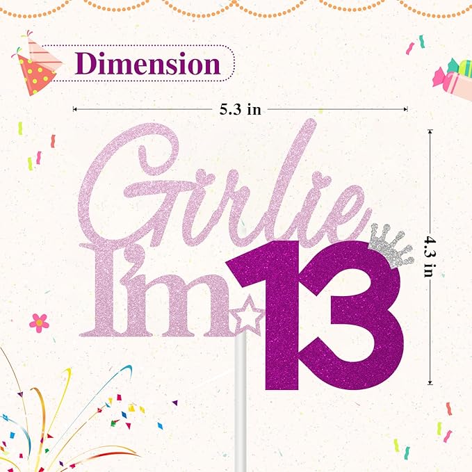 Girlie I'm 13 Cake Topper, 13th Birthday Decorations for Girl, Glitter Funny 13th Birthday Cake Topper, Girlie 13 Year Old Birthday Party Decoration Supplies