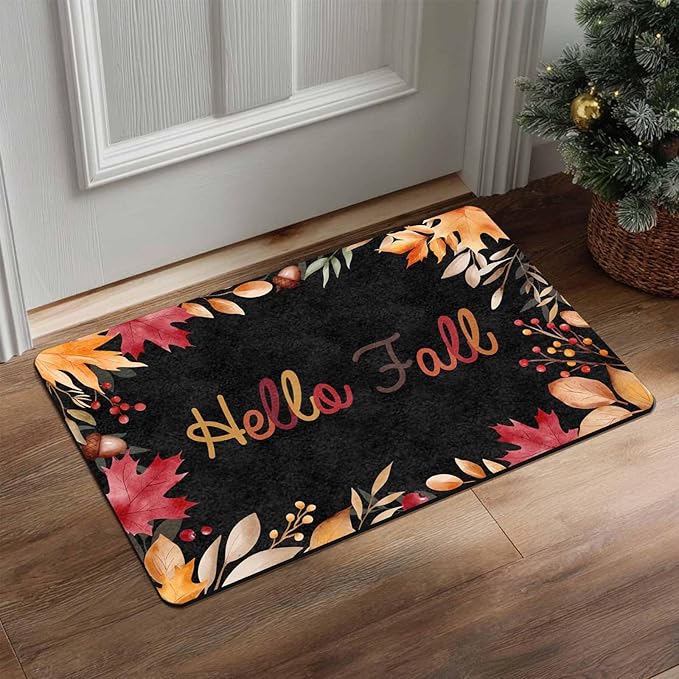 Thanksgiving Doormat for Indoor Outdoor Entrance Floor Mats,Fall Welcome Maple Leafs Decorative Door Mat, Autumn Fall Pumpkins Non Slip Harvest Vintage Decor Rubber Welcome Mats 16" x 24" Inch