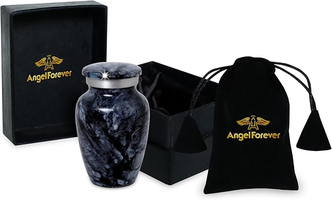Small Keepsake Urn for Human or Pet Ashes – Handcrafted Dark Black Marble Mini Urn with Velvet Bag & Gift Box | Durable Metal Memorial Token Jar for Baby, Infant, Pet or Loved One – 3 Cu in