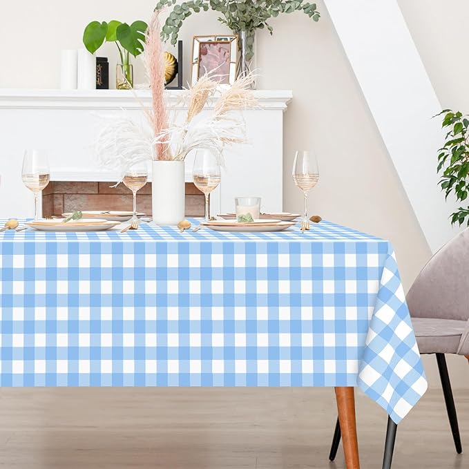 3 Pack Light Blue Gingham Tablecloth Rectangular Pale Blue and White Checkered Tablecloths Disposable Plastic Plaid Table Cover for Parties, Outdoor Picnic, Birthday, Wedding, Camping 54 × 108 Inch