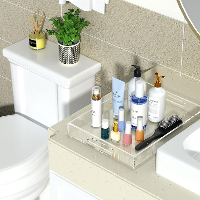 NIUBEE Clear Serving Tray 12x16 Inches -Spill Proof- Acrylic Decorative Tray Organiser for Ottoman Coffee Table Countertop with Handles