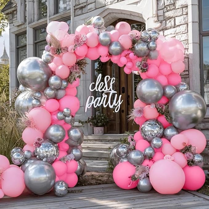Pink Silver Balloon Garland Double Stuffed Light Pink Balloon Arch Kit with Clear Bobo Balloons for Birthday Baby Shower Wedding Bridal Shower Princess Party Decorations