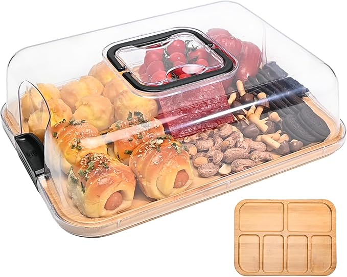 6-Compartment Bamboo Tray with High-Profile Locking Lid – Portable Serving Board for Charcuterie, Camping, and Home Organization