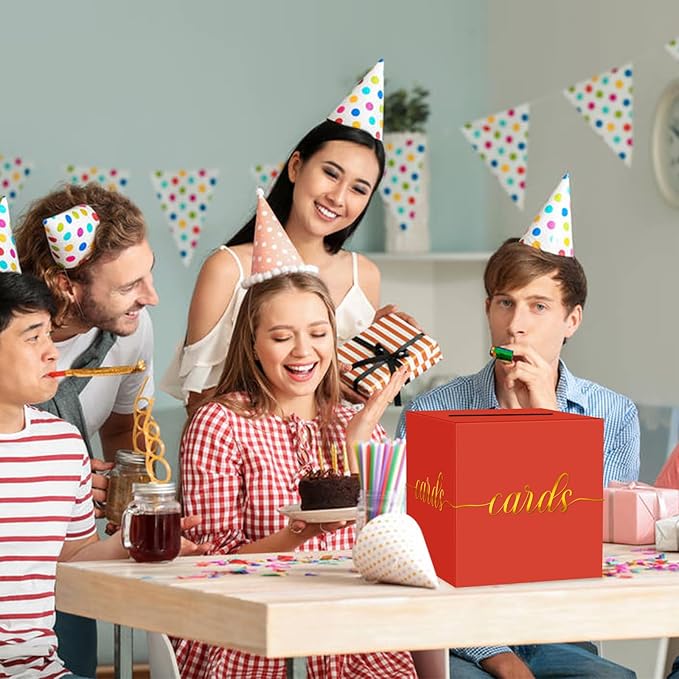 1 Pack Red and Gold Foil Card Box for Party, 8.7" Red Gift Card Box Money Box for Birthday, Wedding, Baby Shower, Retirement, Anniversary, Bridal Shower, Graduation, Raffle Ticket