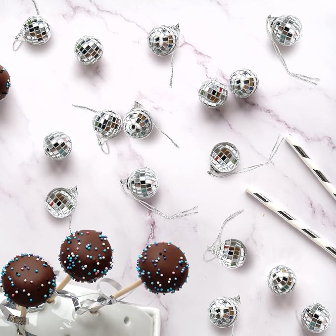 Lenwen 100 Pcs 1.2 Inch Mini Disco Balls Ornaments Hanging Disco Party Decorations Bulk 70s Reflective Silver Mirror Ball for Party Decor Supplies Tree Wedding Birthday Props Mardi Gras