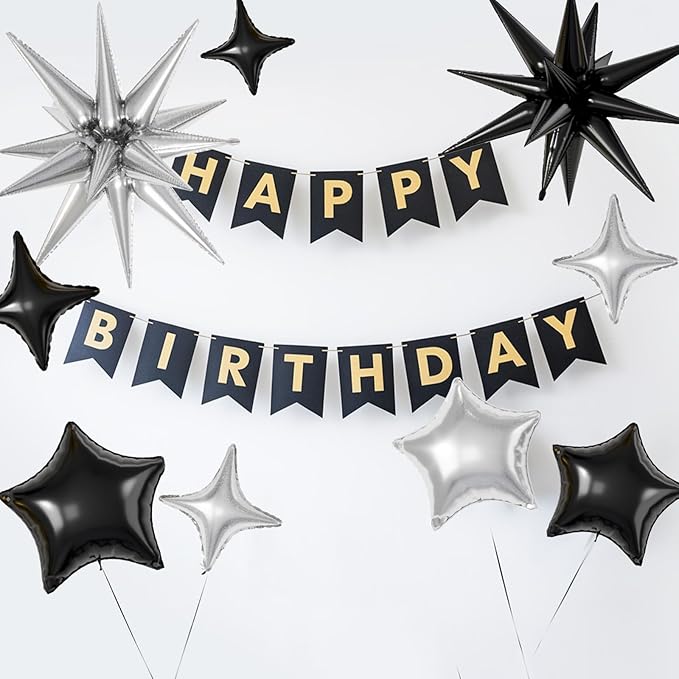 16 Pcs Black Silver Star Balloons,22/18/10 Inch Foil Balloons, Four-Pointed Balloon for Birthday Graduation Anniversary Wedding Baby Shower Party Decorations