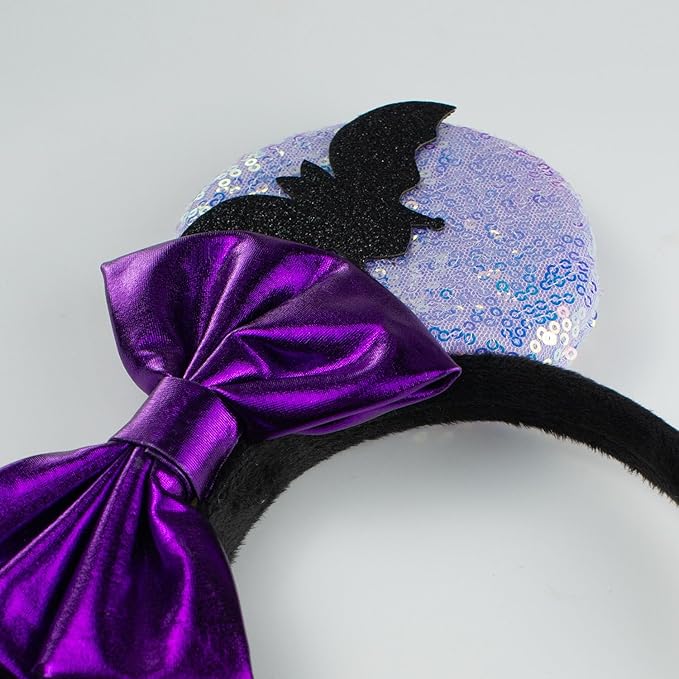 LED Mouse Ear Light Up Headband, Sequin Purple Bow Hairband, Flash Glowing Party Decoration Headwear Hair Accessories for Women Girls