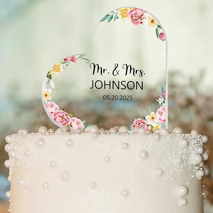 Custom Wedding Heart Acrylic Plaque,Mr & Mrs Cake Topper,Personalized Wedding Keepsake/Gift/Sign (Style 10)