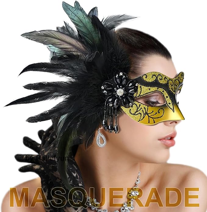 Masquerade Mask for Women Shiny Venetian Mask for Halloween Mardi Gras Costume Party Ball with Feather flower dec.
