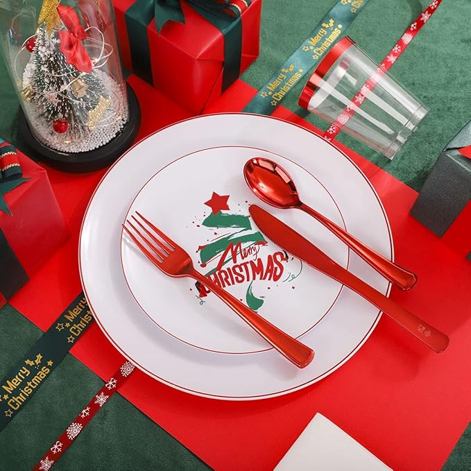 WDF 175pcs Christmas Plates Dinnerware - 25 Guests Unquie Desgin Red Plastic Plates with Green Christmas Tree Pattern, Red Plastic Cutlery, Clear Red Cups and Christmas Tree Napkins