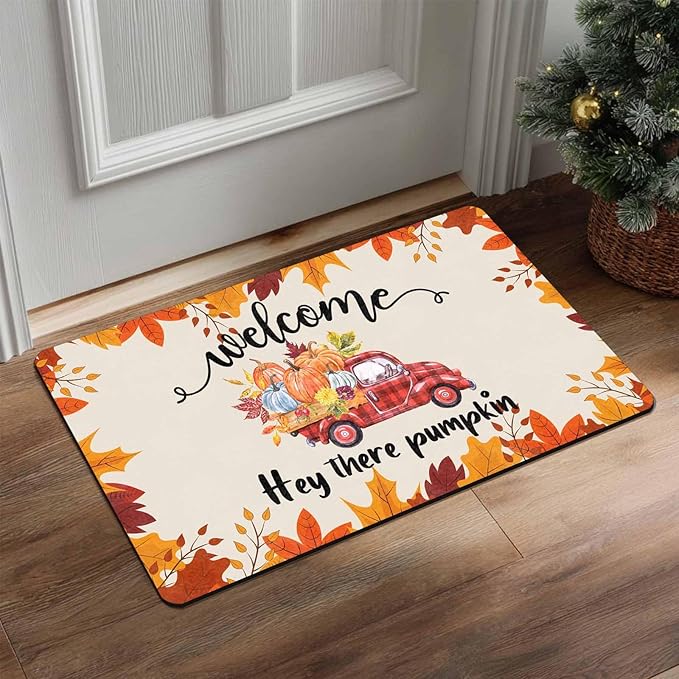 Fall Welcome Maple Leafs Decorative Door Mat, Autumn Thanksgiving Doormat for Indoor Outdoor Entrance Floor Mats,Fall Pumpkins Non Slip Harvest Vintage Decor Rubber Welcome Mats 30" x 18" Inch