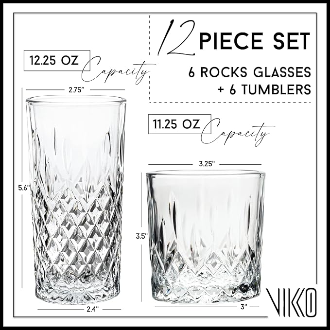 Vikko Rock and Tumbler Set, 12 Piece Set of Elegant Glasses, 6 Tall 12.25 Ounce Glasses and 6 Short 11.25 ounce Whiskey Glasses