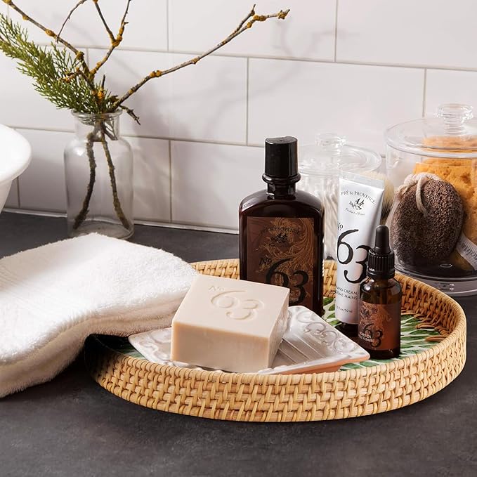 Round Rattan Serving Tray - Natural Handmade Woven Basket Trays with Mother of Pearl Inlay with Wooden Base Decorative Wicker Basket for Table Decor, Home Storage Display of Bread, Coffee, Fruit