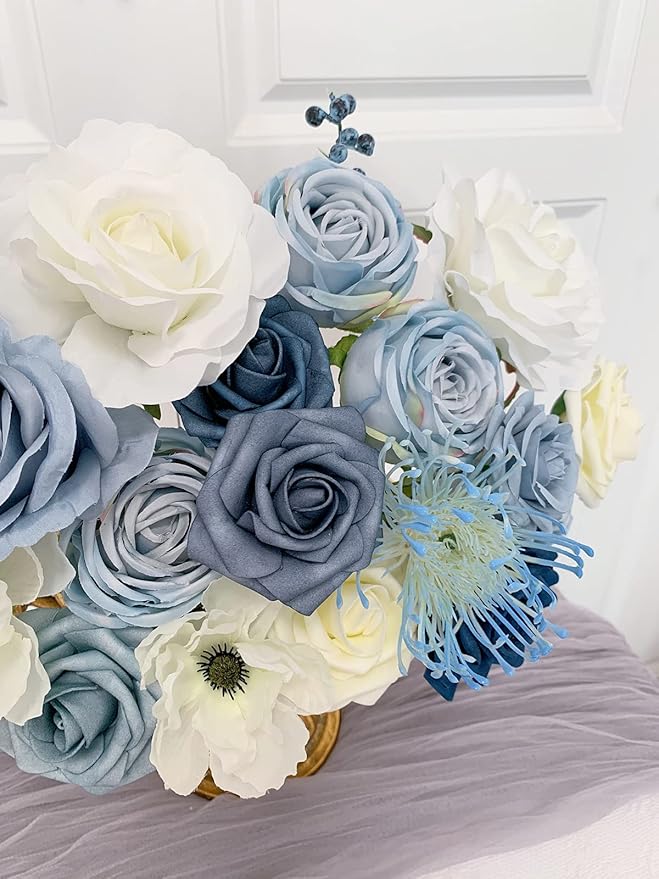 Roses Artificial Flowers Blue Bouquet Box Set Fake Flower for DIY Bridal Wedding Shower Centerpieces for Party Table Decorations Silk Floral Arrangements for Home Decor Indoor