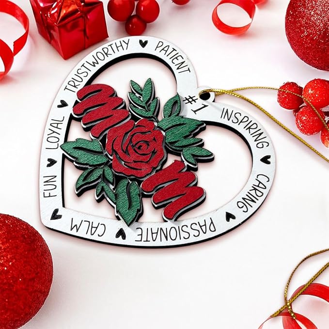 Best Mom Christmas Ornament – Heart Shaped Wooden Hanging Decoration with Rose Design, Gift for Mother, Sentimental Keepsake Ornament for Mom, Mother’s Day or Holiday Tree Decoration