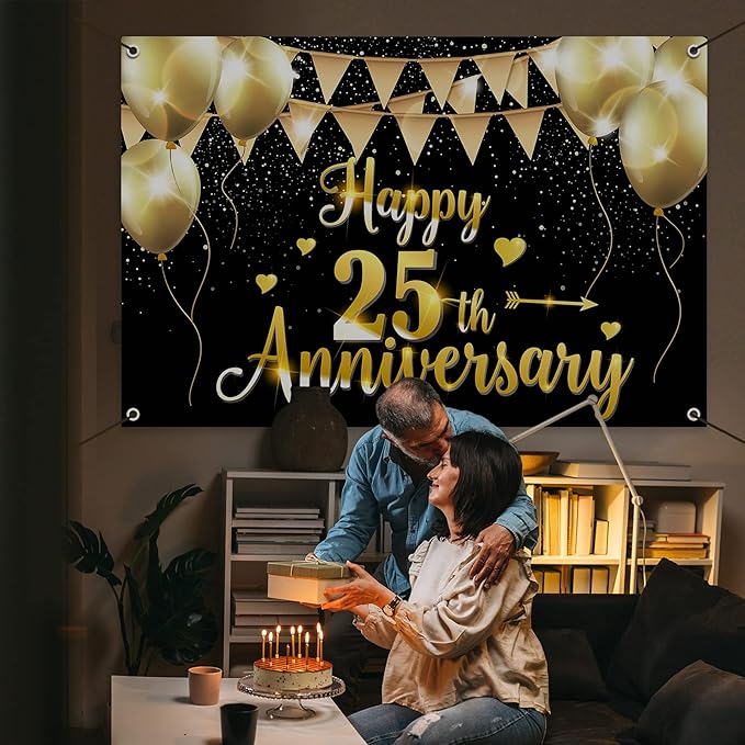 HAMIGAR 6x4ft Happy 25th Anniversary Banner Backdrop - 25 Wedding Anniversary Decorations Party Supplies - Black Gold