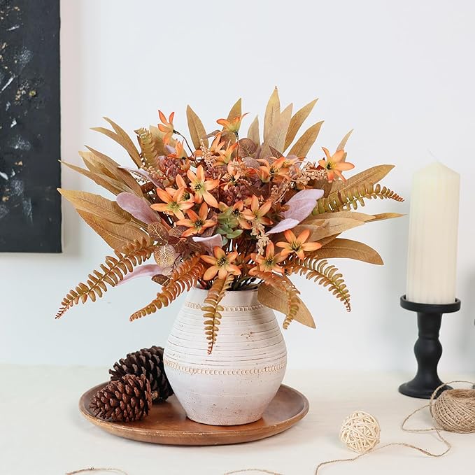 YXZZWL Artificial Greenery Stems Box Set for Fall Decorations,70 Pcs with 8 Kinds of Faux Eucalyptus Branches for Autumn Wedding DIY Bouquets Floral Arrangement Table Centerpieces (Brown & Orange)