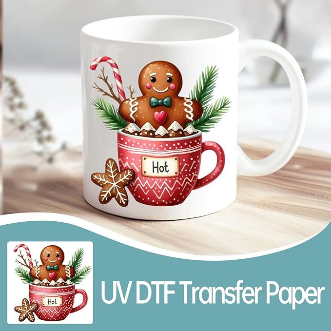 UV DTF Stickers - 12 Sheets Christmas Gingerbread UV DTF Cup Wrap for Coffee Mugs Glass, DIY Decals for Tumblers, Waterproof Rub on Transfers for Crafts