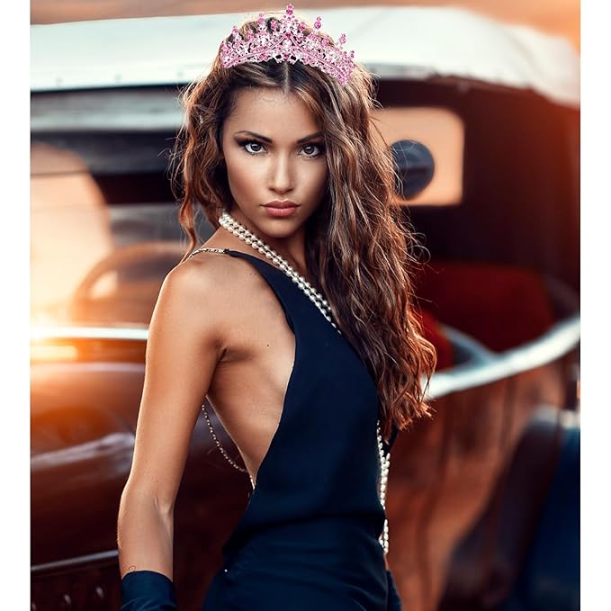 Velscrun Pink Crystal Birthday Queen Tiara Crown for Women Girls Birthday Queen Headband Sash Elegant Princess Crown with Combs Hair Accessories Happy Birth Party Decorations Mom Birth Gift