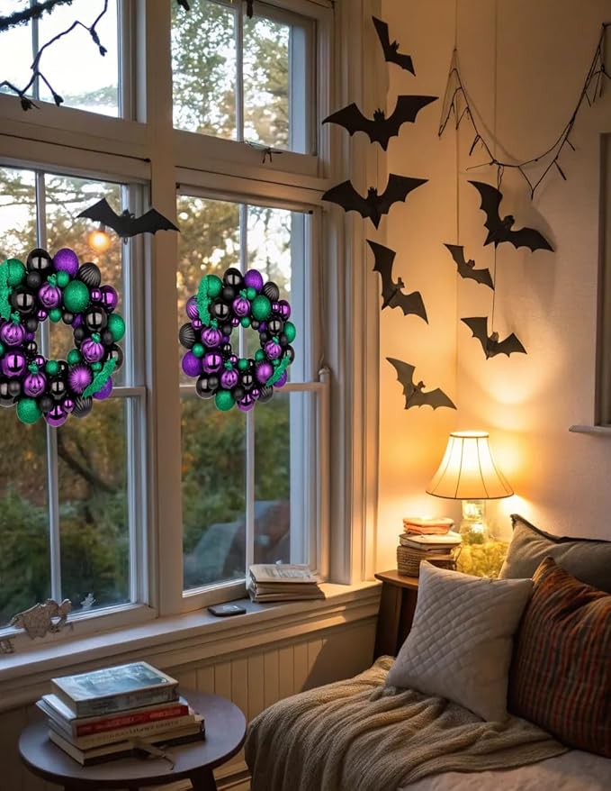 Halloween Wreath for Front Door, 13 inch Small Halloween Ball Wreath with Pumpkins Bats Shatterproof Front Door Wreaths Green/Purple/Black Ball Ornament for Wall Mantel Porch Indoor Outdoor Decor