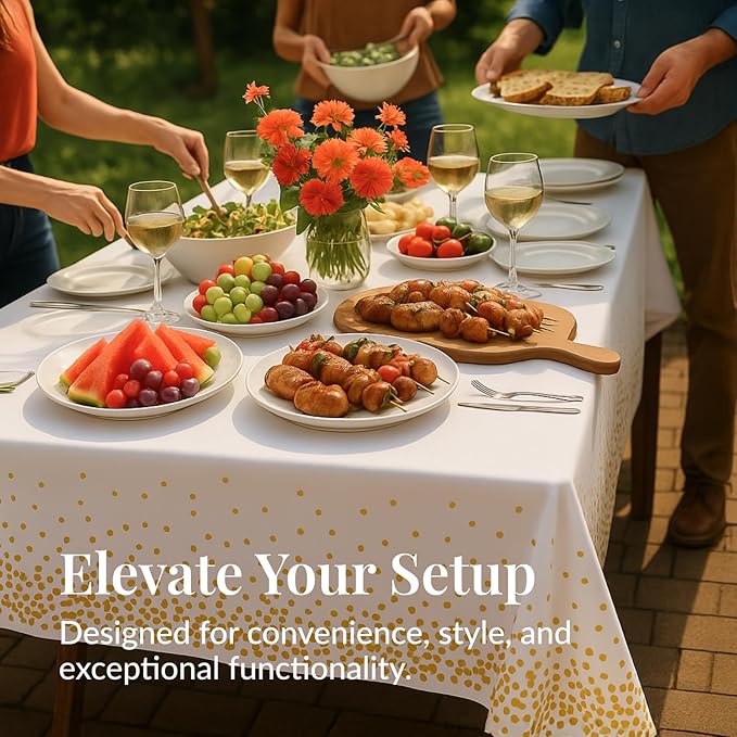 Prestee 12-Pack White and Gold Tablecloth - 54x108 Inch - Disposable Table Covers for Party, Weddings, and Holidays - Waterproof Christmas Tablecloth, Stain-Resistant Plastic Table Cover Set