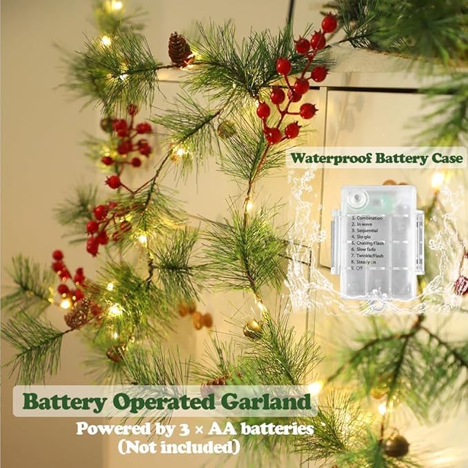 2Pack Christmas Garland with LED Fairy Lights 13FT Battery Operated Smokey Pine Garlands with 8 Flash Modes and Timer Red Berries Bells Pine Cones Green Garland Rustic Garlands for Xmas Holiday Home