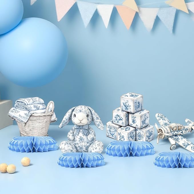 Blue Toile de Jouy Baby Shower Table Centerpieces – 12 PCS Classic French Nursery Honeycomb Decorations, Vintage Blue & White Boy Shower Table Décor