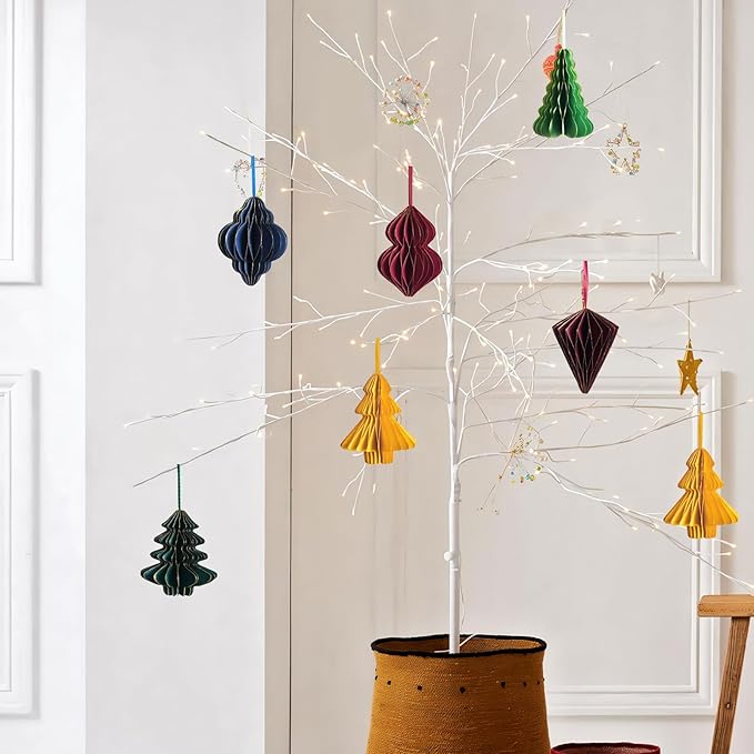 Paper Christmas Tree Ornaments, Red and Green Xmas Party Decorations, 6PCS 3D Mini Glitter Edges Paper Honeycomb Ornaments for Xmas, New Years, Holiday Home Decor