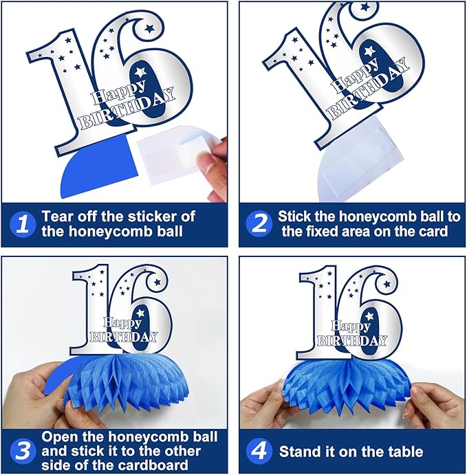 13PCS 16th Party Decorations for Boys Girls, Blue Silver Happy 16th Birthday Banner Centerpieces Swirls Balloons Kit Party Supplies, Navy Blue Sixteen Years Old Bday Ceiling Table Topper Decor