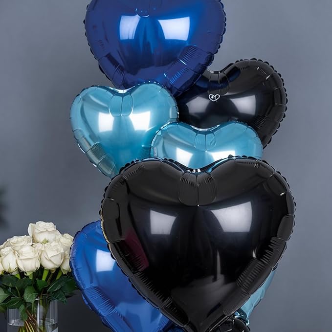 Blue Black Heart Balloons, 18 Inch Black and Dark Blue Heart Shape Balloon, 12PCS Blue Helium Foil Love Heart Balloon for Boys Birthday Propose Marriage Engagement Wedding Party Decoration