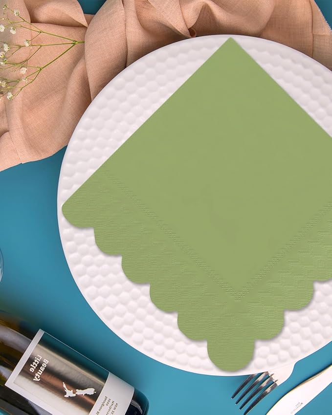 qiqee Matcha Green Cocktail Dinner Napkins 5x5inch Disposable Beverage,Wedding, Birthday Party Dessert Wave Paper Napkins(120 Count)