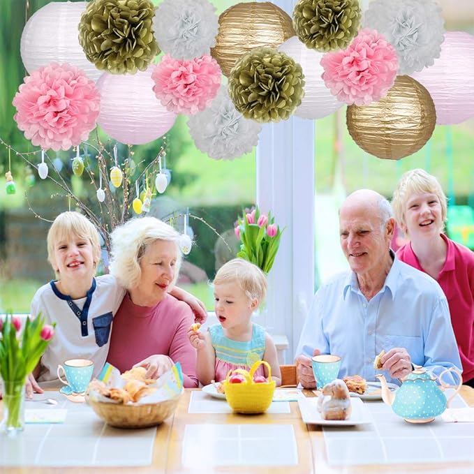 Pink Gold Party Decorations, Pink Gold Paper Lanterns and Pom Poms Flowers for Birthday Party Baby Showers Engagement Tea Party Decor 15PCS