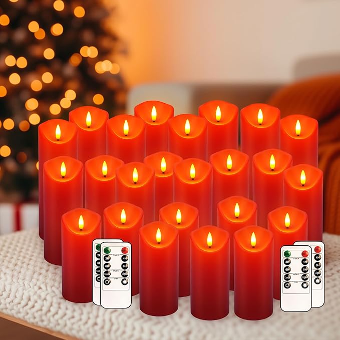 LED Flameless Candles with Remote, Set of 24 Red Flickering Candles, Battery Operated Realistic Pillar Candles for Halloween, Christmas, New Year, Home Decor, Parties