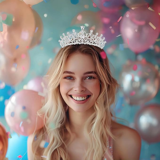 Schmoopy Tiara Crown for Women, Crystal Tiara for Bridal Prom Queen Birthday Birthday Party (B-Silver)