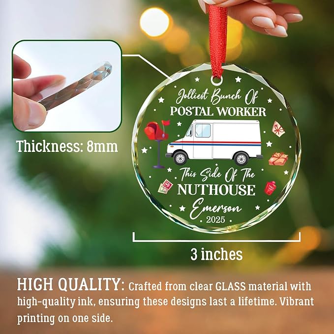Jolliest Bunch of Postal Worker Christmas Ornaments, Gifts for Mail Carrier Service, Personalized Mail Truck Glass Ornament for Xmas Tree Decor, Postman Mailman Christmas Ornament Custom Name