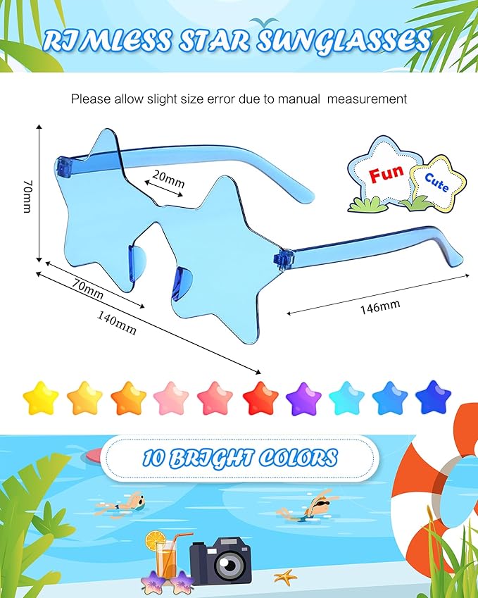 20 Pairs Rimless Star Sunglasses Bulk Transparent Candy Color Star Glasses for Women Men Party Favors