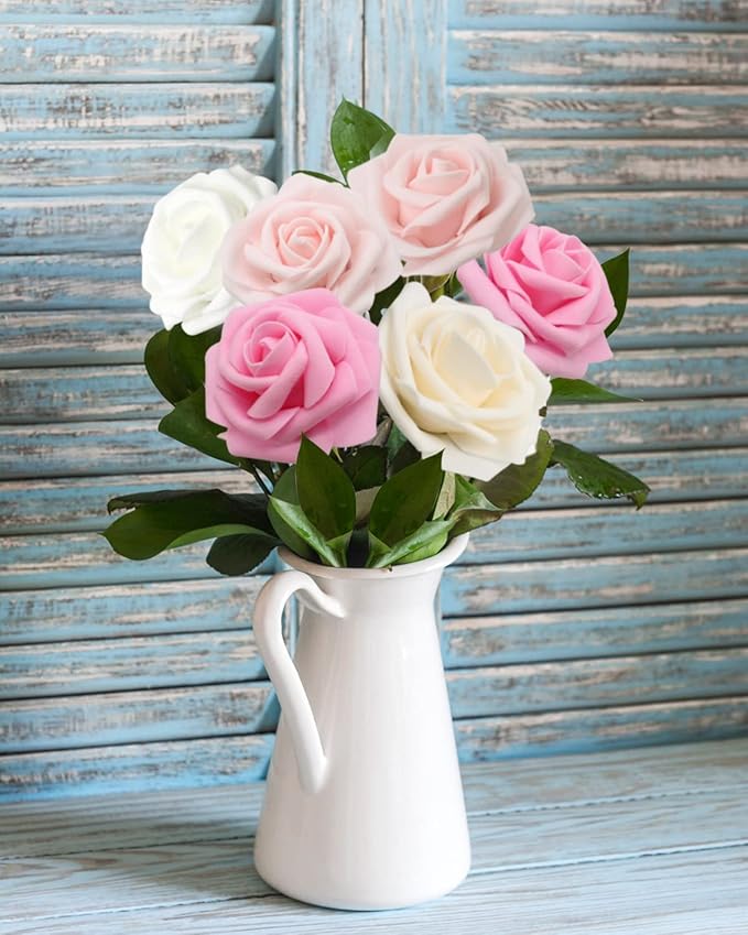 Artificial Flowers Realistic Roses, 25pcs Pink & White Real Looking Fake Roses with Stem for DIY Wedding Bouquets Centerpieces Bridal Shower Party Home Romantic Decorations (25pcs, Shades of Pink)